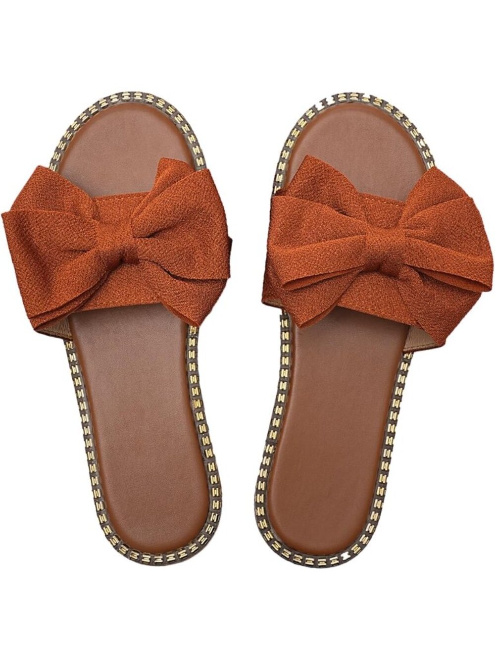 Women's Brown Bow Knot Slides Open Toe Solid Slip On Casual Flat Sandal Shoes